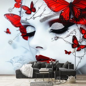 پوستر سه بعدی طرح چهره اسپرت با پروانه های قرمز