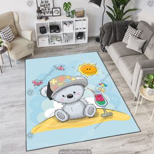 فرش چاپی طرح عروسکی خرس کلاه دار زمینه آبی