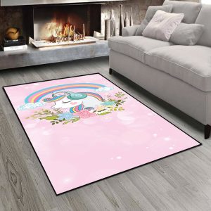 فرشینه طرح اسب تک شاخ و رنگین کمان زمینه صورتی