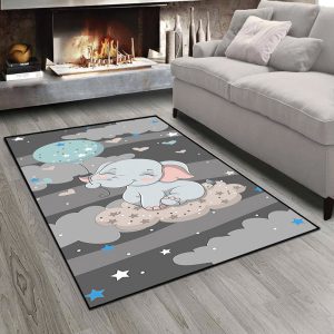 فرش چاپی طرح عروسکی فیل نشسته بر ابر در آسمان شب پر ستاره