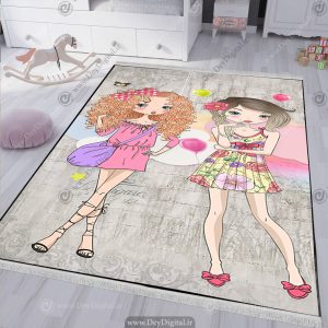فرش چاپی دخترانه با زمینه طوسی روشن