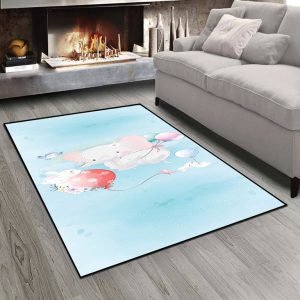 فرشینه چاپی طرح عروسکی فیل و خرگوش و پرنده در آسمان آبی