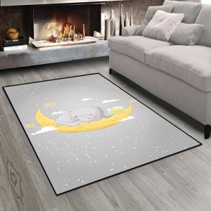 فرش چاپی طرح عروسکی فیل روی هلال ماه زمینه خاکستری