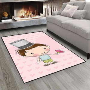 فرشینه چاپی طرح کودکانه پسر بچه با گل قرمز زمینه صورتی