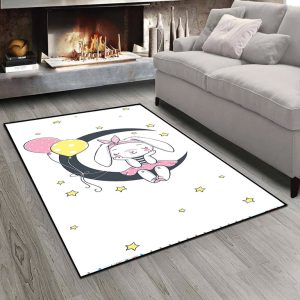 فرش چاپی طرح عروسکی خرگوش نشسته بر ماه زمینه سفید