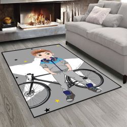 فرش چاپی طرح پسر با لباس گرمکن و دوچرخه زمینه