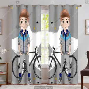 پرده اتاق پسر طرح کارتونی پسر بچه با دوچرخه