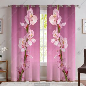 پرده پانچ چاپی طرح شاخه گل شکوفه صورتی