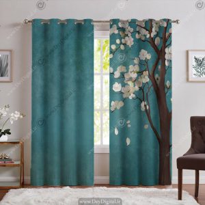 پرده چاپی طرح درخت شکوقه سفید با زمینه فیروزه ای PK-5995