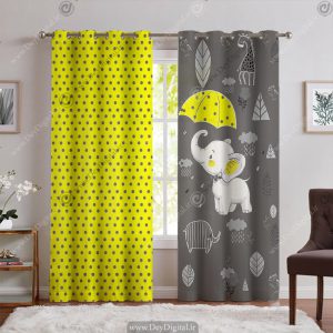 پرده اتاق کودک طرح فیل طوسی زرد