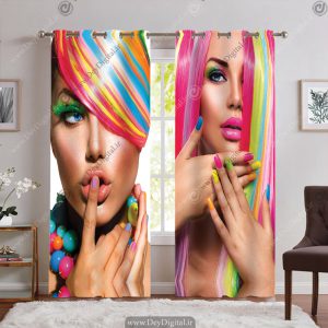پرده چاپی تصویری طرح چهره زن مو رنگی