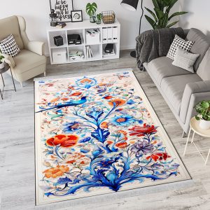 فرشینه طرح درختی جانوری با گلهای درشت و زمینه روشن
