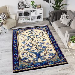 فرش طرح درختی لچک دار آبی با زمینه کرمی روشن