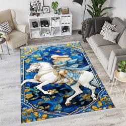 فرشینه طرح زن سوارکار با گلهای زرد