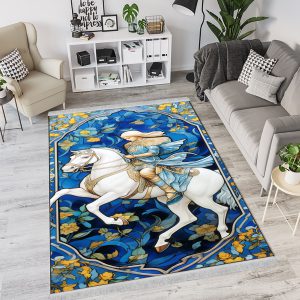 فرشینه طرح زن سوارکار با گلهای زرد