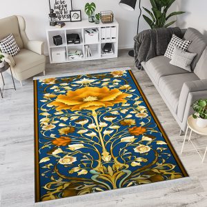 فرش چاپی طرح درختی گلدار طلاییی زمینه آبی تیره