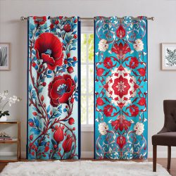 پرده چاپی طرح گل سنتی با نقوش هندسی رنگ قرمز آبی