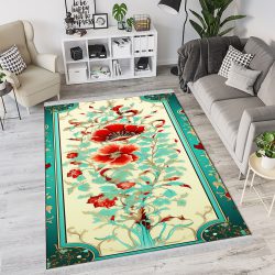 فرش طرح درختی گلدار با حاشیه ساده و زمینه روشن