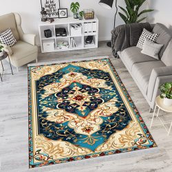 فرش چاپی طرح لچک کرمی زمینه آبی
