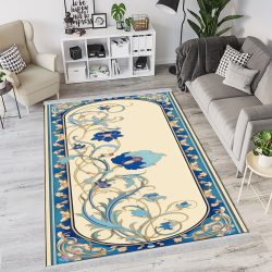 فرش چاپی طرح درختی گلدار آبی با حاشیه گلهای کرمی