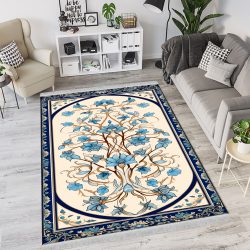 فرش چاپی طرح شاخه و برگ حاشیه دار با زمینه کرمی