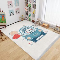 فرش اتاق کودک طرح خرس کوچولو راننده با ماشین سبز