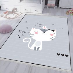فرشینه برای اتاق بچه زمینه طوسی طرح گربه عروسکی