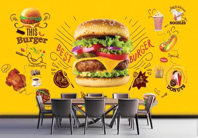 پوستر دیواری فست فود طرح همبرگر با زمینه زرد