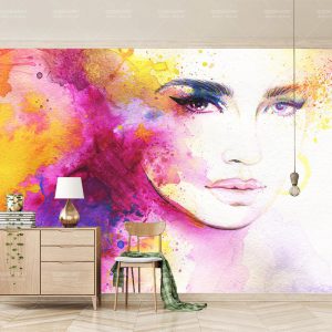 پوستر دیواری چهره زیبا زن با زمینه شاد