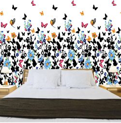 پوستر دیواری پروانه های زیبا با گل های ابی