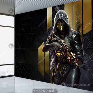 کاغذ دیواری سه بعدی مبارز نقاب دار با اسلحه