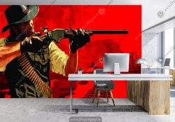 پوستر دیواری مرد تفنگدار با زمینه قرمز