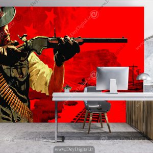 پوستر دیواری مرد تفنگدار با زمینه قرمز