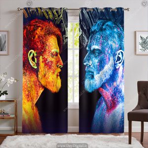 پرده چاپی طرح آرایشگاه مردانه چهره آبی و نارنجی