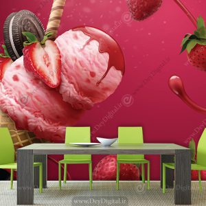 کاغذ دیواری سه بعدی بستنی توت فرنگی و نوتلا