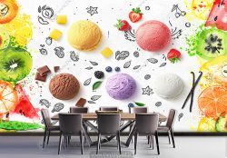 پوستر سه بعدی بستنی میوه‌ای و آبمیوه با زمینه سفید