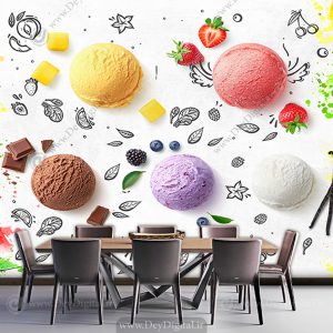 پوستر سه بعدی بستنی میوه‌ای و آبمیوه با زمینه سفید