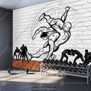 پوستر سه بعدی طرح وکتوری ورزش کشتی با زمینه آجری