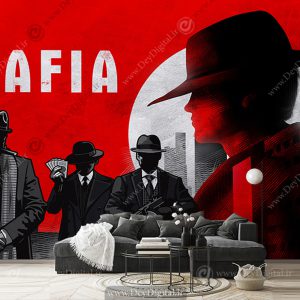 کاغذ دیواری سه بعدی مافیا با کلاه مشکی و زمینه قرمز