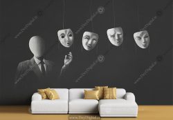 پوستر سه بعدی طرج نقاب ها برای بازی مافیا با زمینه مشکی