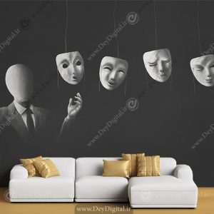 پوستر سه بعدی طرج نقاب ها برای بازی مافیا با زمینه مشکی