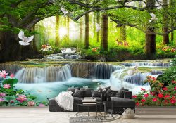 کاغذ دیواری سه بعدی طرح جنگل و رودخانه
