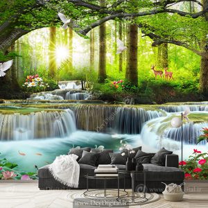 کاغذ دیواری سه بعدی طرح جنگل و رودخانه