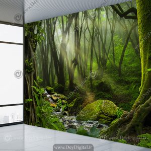 پوستر دیواری سه بعدی طبیعت طرح جنگل سبز با درختان تنومند