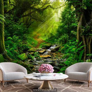 پوستر دیواری طبیعت سبز طرح رودخانه کوچک در میان جنگل