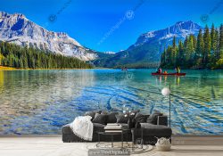 پوستر دیواری سه بعدی منظره دریاچه در میان کوهستان