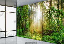 کاغذ دیواری سه بعدی طبیعت طرح طلوع آفتاب در جنگل