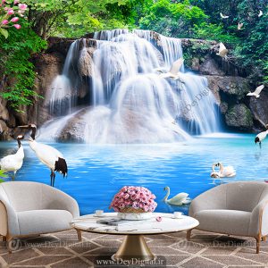 کاغذ دیواری سه بعدی چشمه در دل طبیعت سبز