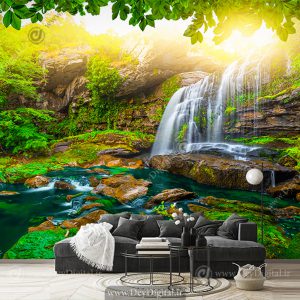 پوستر سه بعدی طبیعت طرح منظره جنگل و آبشار در طلوع آفتاب