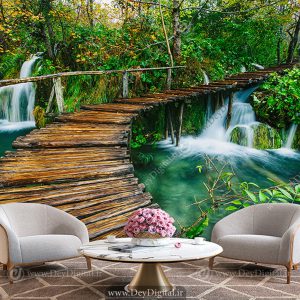 پوستر دیواری سه بعدی پل چوبی در میان جنگل و رودخانه